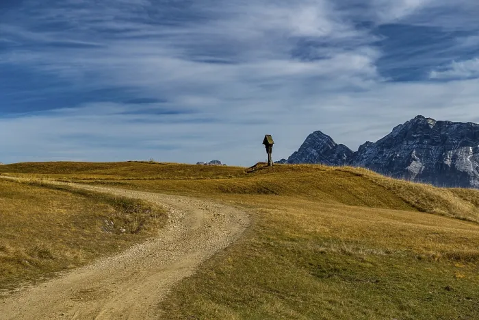 Framed Print : Trail with memorial cross and South Tyrolean mountains