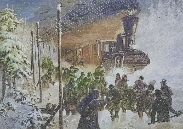 Framed Print : Train is stuck in the snow and is being shovelled free Framed Print : Train is stuck in the snow and is being shovelled free