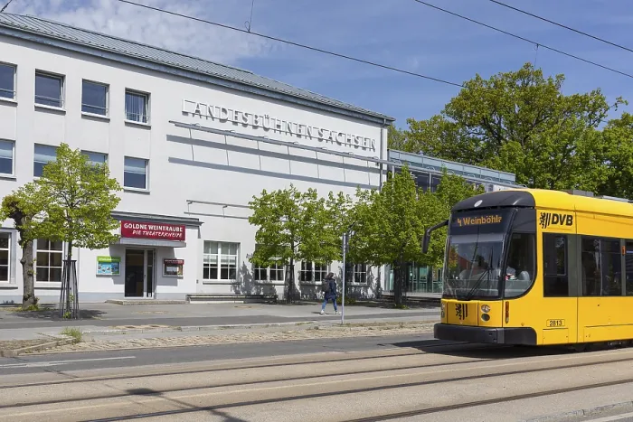 Framed Print : Tram line 4 in front of the theatre Landesbuhnen Sachsen in Radebeul- Weintraube Framed Print : Tram line 4 in front of the theatre Landesbuhnen Sachsen in Radebeul- Weintraube