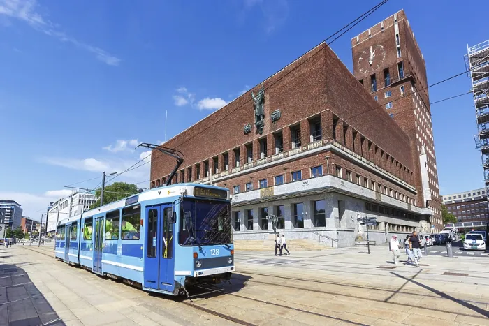 Framed Print : Tram Tram public transport at the city hall in Oslo