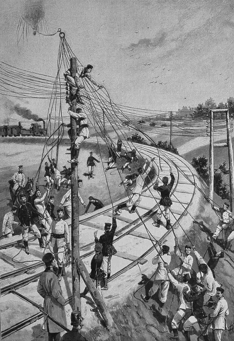 Framed Print : Transfer of a captive balloon over a railway line