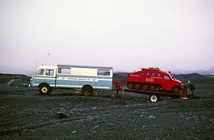 Framed Print : Transporter for GUSI Bombardier B 12 snowmobile, Gudmundur Jonasson travel company Adventure Arctic Expedition to the frozen ice cap, Iceland, 1972, Europe Framed Print : Transporter for GUSI Bombardier B 12 snowmobile, Gudmundur Jonasson travel company Adventure Arctic Expedition to the frozen ice cap, Iceland, 1972, Europe