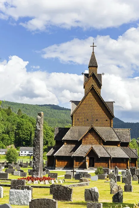 Framed Print : Travel to Norway in summer. The Stave Church is crowned with crosses Framed Print : Travel to Norway in summer. The Stave Church is crowned with crosses