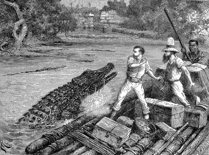 Framed Print : Travellers to the Amazon are attacked by a crocodile Framed Print : Travellers to the Amazon are attacked by a crocodile