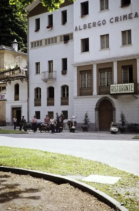 Framed Print : The travelling group of the Bromley Scooter Club stands in front of the Hotel Albergo Crimea, Chiavenna, Lombardy, Italy, July 1959, Europe