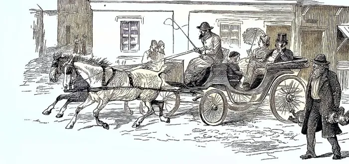 Framed Print : Travelling by horse-drawn carriage Framed Print : Travelling by horse-drawn carriage