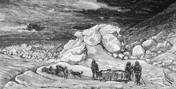Framed Print : Travelling by sled on the Greenlandic ice, travel, sled dogs, icebergs, polar region, climate change, people, Greenland, historical illustration 18888, North America
