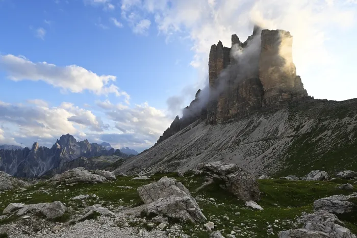 Framed Print : Tre Cime di Lavaredo with clouds in summer