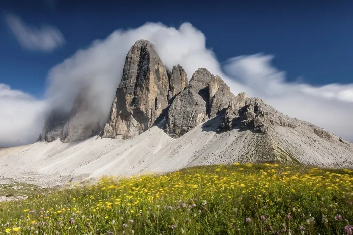 Framed Print : Tre Cime di Lavaredo or Tre Cime di Lavaredo with dragging clouds