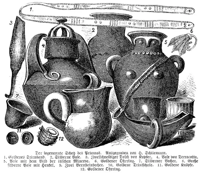 Framed Print : The treasure of Priam from Troy, excavated by Heinrich Schliemann, a find of gold and silver objects, headband, vases, dagger, earring, cup, drinking bowl, buttons, history of mankind, historical illustration 1880 Framed Print : The treasure of Priam from Troy, excavated by Heinrich Schliemann, a find of gold and silver objects, headband, vases, dagger, earring, cup, drinking bowl, buttons, history of mankind, historical illustration 1880