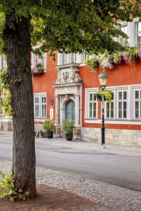 Framed Print : Tree in front of a red house facade with richly decorated windows in a cozy old town setting Framed Print : Tree in front of a red house facade with richly decorated windows in a cozy old town setting