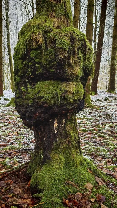 Framed Print : Tree trunk with lush moss and mushroom-like shape with face