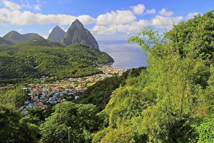 Framed Print : Tropical landscape with view of the village and the two Pitons Framed Print : Tropical landscape with view of the village and the two Pitons