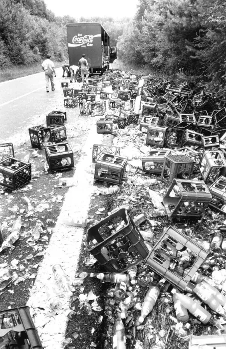 Framed Print : Truck has lost bottles, ca. 1980s
