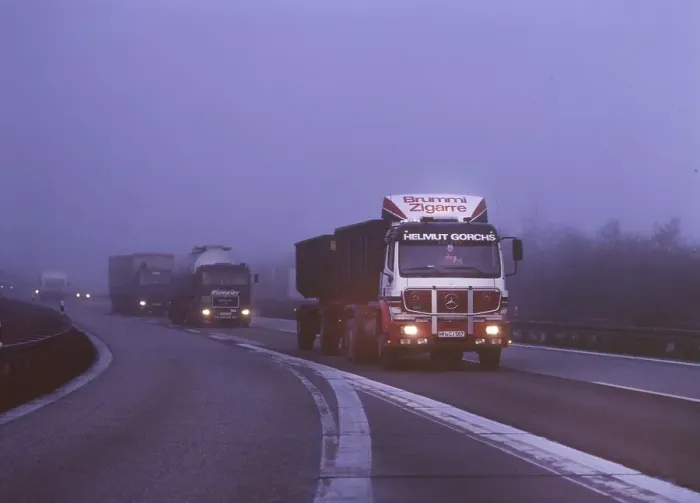 Framed Print : Truck, motorway A 45. fog 80s, Germany, Europe