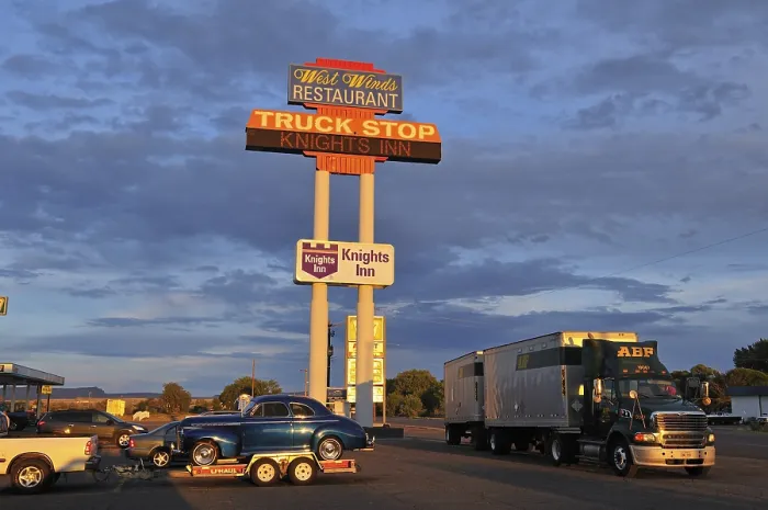 Framed Print : Truck stop with truck and classic car Framed Print : Truck stop with truck and classic car