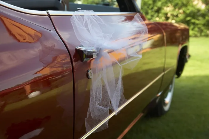 Framed Print : Tulle netting, veil tied to a Cadillac, wedding Framed Print : Tulle netting, veil tied to a Cadillac, wedding