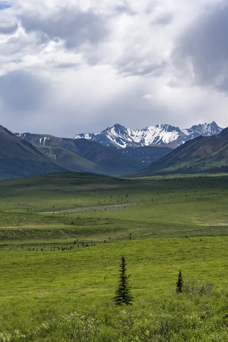 Framed Print : Tundra and mountain landscape with dramatic cloudy sky
