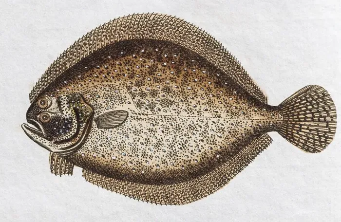Framed Print : Turbot (Scophthalmus maximus), handpainted copper engraving from Friedrich Justin Bertuch Picture book for children