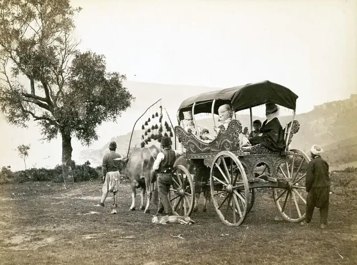 Framed Print : Turkish family going out in a carriage pulled by oxen