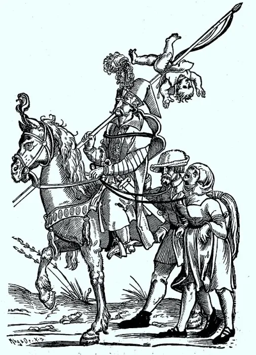 Framed Print : Turkish warrior on horseback with captured Austrian peasants from the time of Vienna's first defeat by the Turks