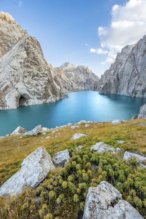 Framed Print : Turquoise mountain lake Kol Suu with rocky steep mountains Framed Print : Turquoise mountain lake Kol Suu with rocky steep mountains