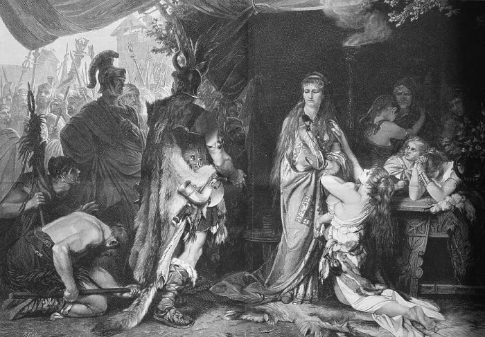 Framed Print : Tusnelda being handed over from her father Segestes to the Roman general Germanicus