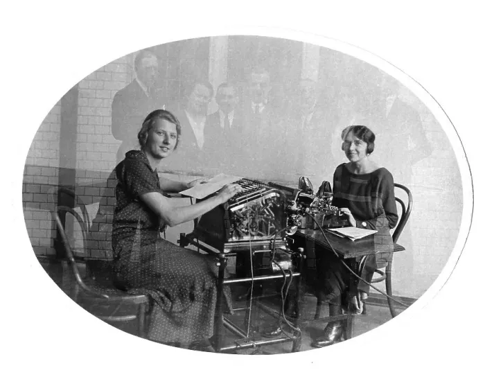 Framed Print : Typewriter, two secretaries at work Framed Print : Typewriter, two secretaries at work