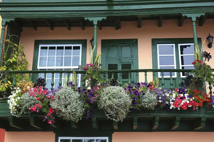 Framed Print : Typical balcony houses on the shore road in the town of Santa Cruz de la Palma