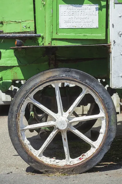 Framed Print : Tyre and wheel with spokes of a vintage car