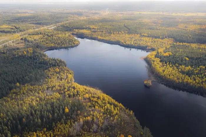 Framed Print : UAV recording, autumnal forest and lake