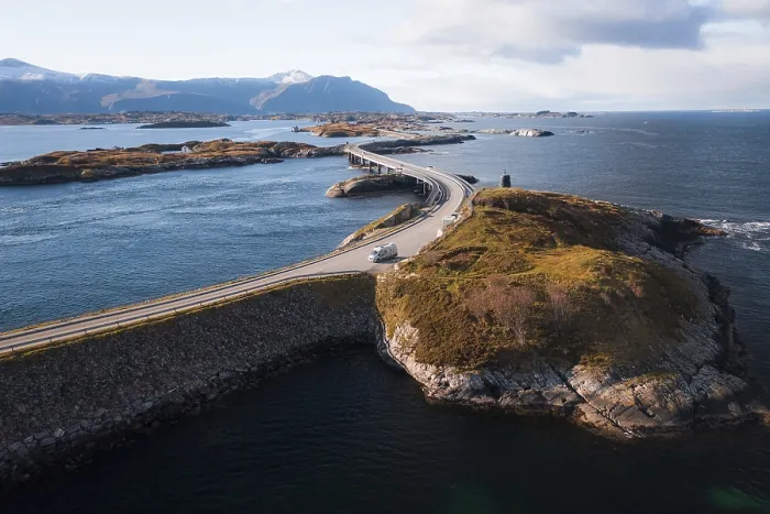 Framed Print : UAV recording, campervan on a parking lot on the island connecting road Atlantic Ocean Road