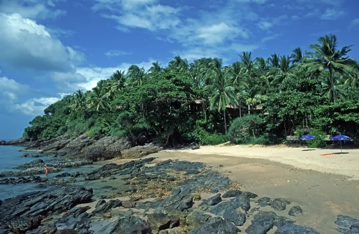 Framed Print : Umbrellas, palm beach at The Narima Resort on the island of Ko Lanta
