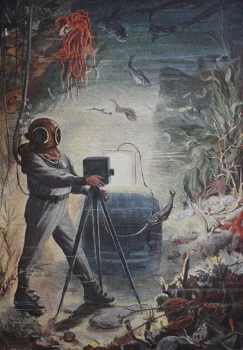 Framed Print : Underwater photographer, diver with a waterproof plate camera on the seabed Framed Print : Underwater photographer, diver with a waterproof plate camera on the seabed