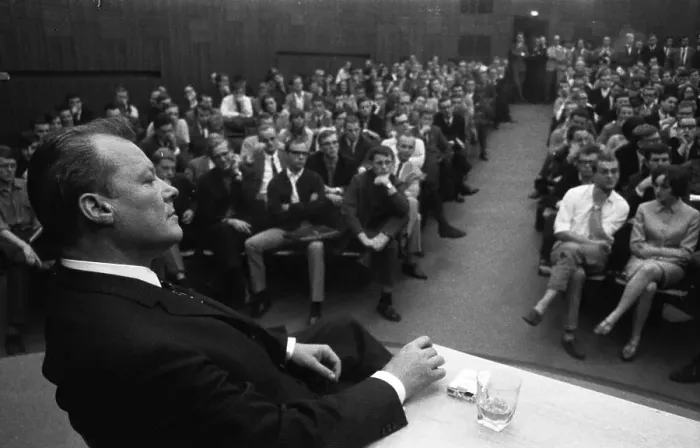 Framed Print : At the University of Bonn, Willy Brandt speaks to students in 1968 in the current federal capital