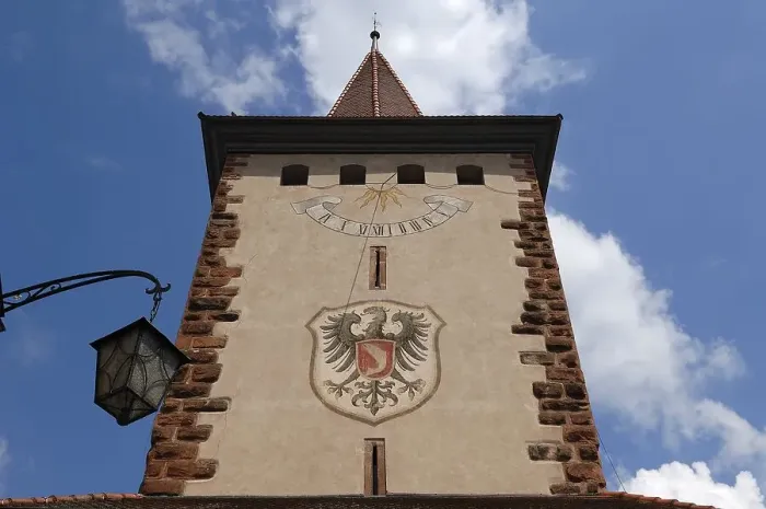Framed Print : Upper gate of the Haigerach Gate from the 17th century with the town coat of arms and sundial Framed Print : Upper gate of the Haigerach Gate from the 17th century with the town coat of arms and sundial