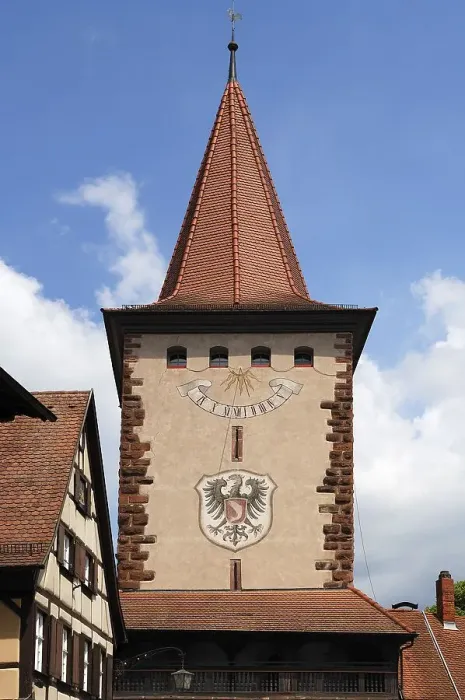 Framed Print : Upper gate of the Haigerach Gate from the 17th century with the town coat of arms and sundial