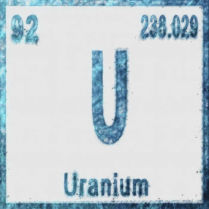 Framed Print : Uranium Chemical Element in Blue on White Background