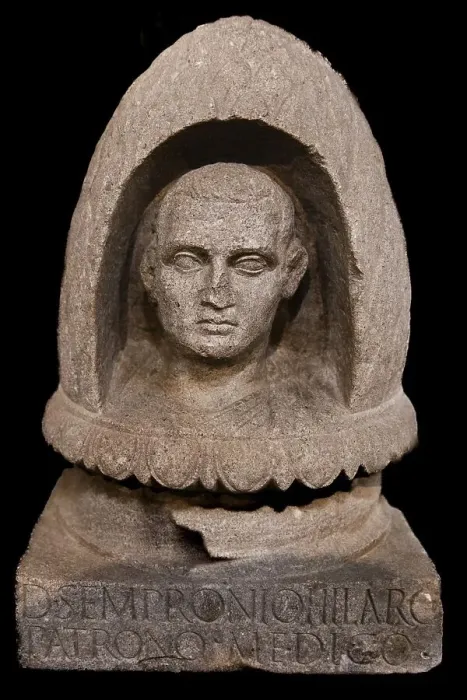Framed Print : Urn lid with the portrait of Decimus Sempronius Hilarus from the 1st century