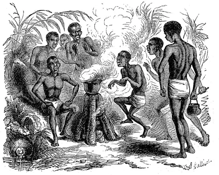 Framed Print : The use of fire for cooking among the natives