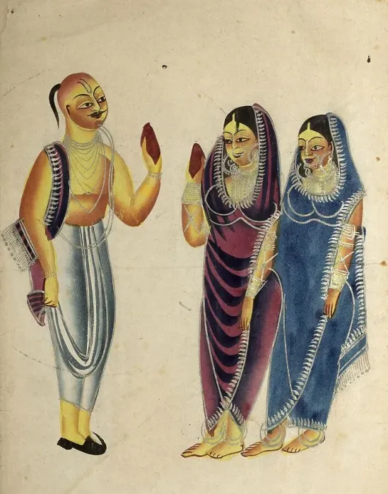 Framed Print : Vaishnava devotee with two woman, c Framed Print : Vaishnava devotee with two woman, c