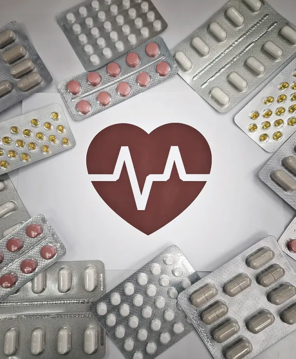 Framed Print : Various blister packs of pills arranged around a red heart symbol with an electrocardiogram
