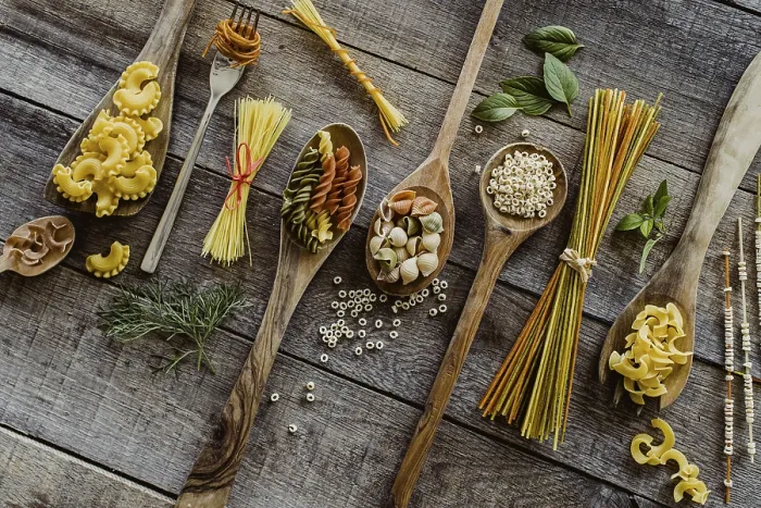 Framed Print : Various pasta on wooden spoons