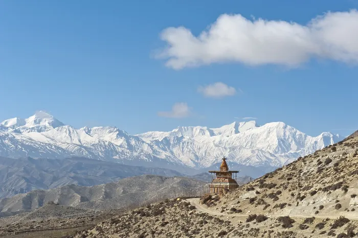 Framed Print : Vast landscape with stupa, the snow-covered mountains of the Annapurna Range at back