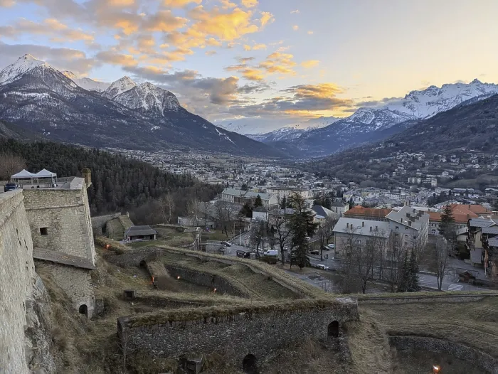 Framed Print : Vast landscape view of a mountain village at sunrise