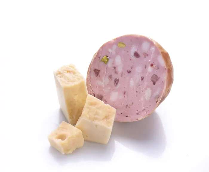 Framed Print : Veal sausage and pieces of cheese on a white background Framed Print : Veal sausage and pieces of cheese on a white background