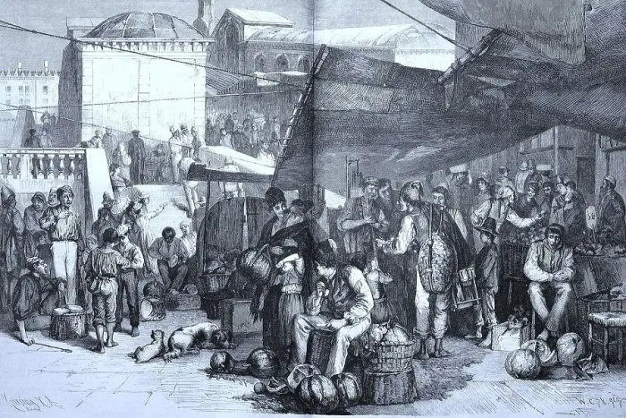 Framed Print : Vegetable market at the Rialta Bridge in Venice with vendors and customers in 1880