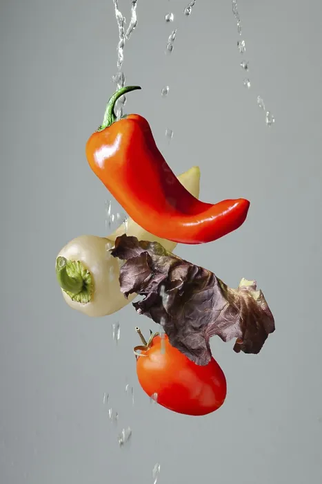 Framed Print : Vegetables in splashes of water flying on a gray background