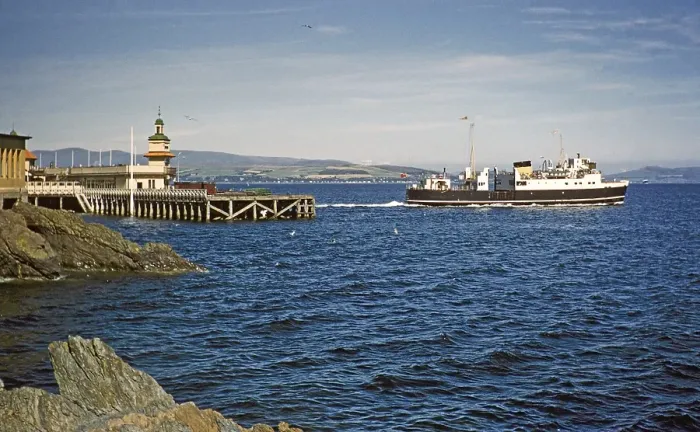 Framed Print : Vehicle ferry MV Cowal leaving the dock in Dunoon, Firth of Clyde, Argyll and Bute, Scotland, United Kingdom, early 1960s, Europe