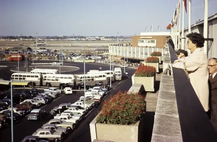 Framed Print : Vehicles in front of the Queens Building, Heathrow Airport, London, England, UK July 1959 View from the roof Framed Print : Vehicles in front of the Queens Building, Heathrow Airport, London, England, UK July 1959 View from the roof